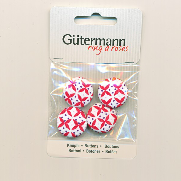 Gütermann Stoffknopf 4er-Pack (2,3cm) FENTON HOUSE Collection mit geometrischen Blumen in rot/lila/weiß