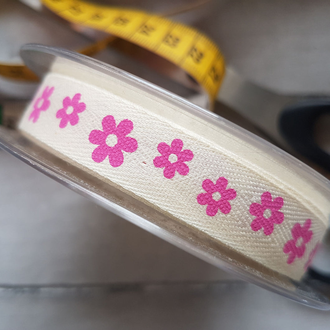 Blumen Motiv Band (15mm) in creme/pink
